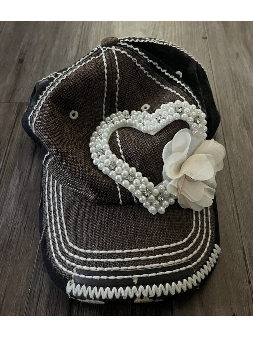 Olive & Pique Beaded Floral Heart Cap Brown Denim Y2K